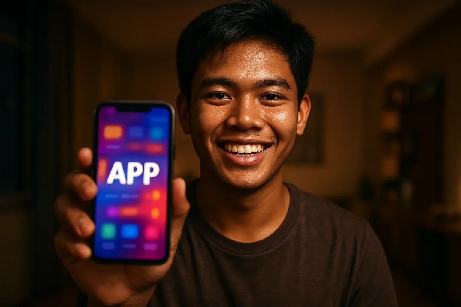 Smiling young Filipino man holding smartphone with colorful gaming app screen