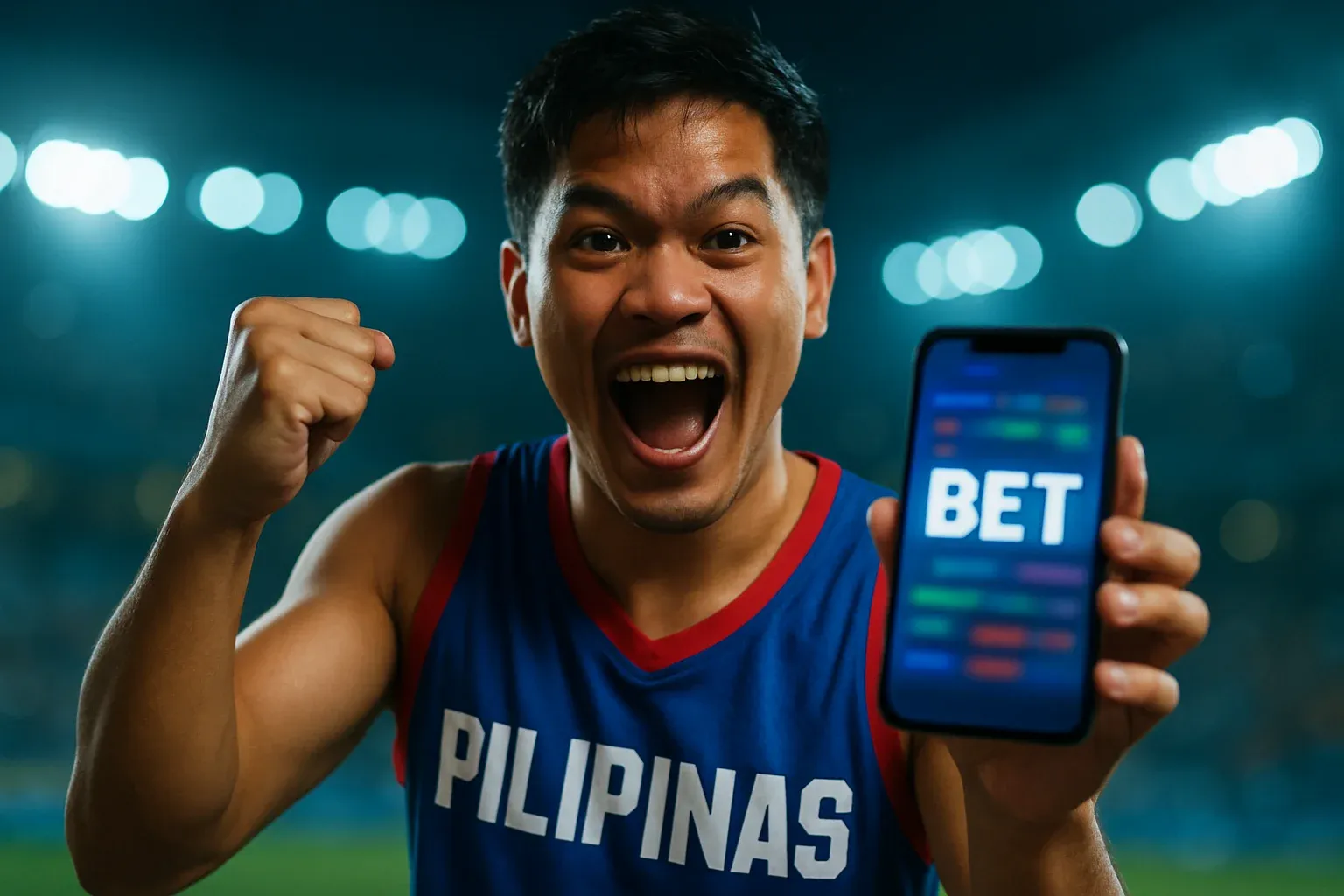 Excited Filipino man holding smartphone with sports betting screen and raised fist