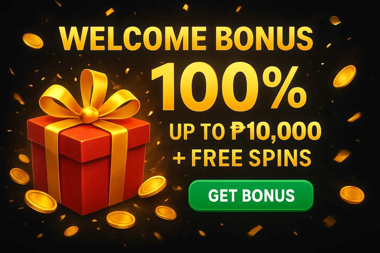 Casino welcome bonus banner with gift box, coins, confetti, and CTA