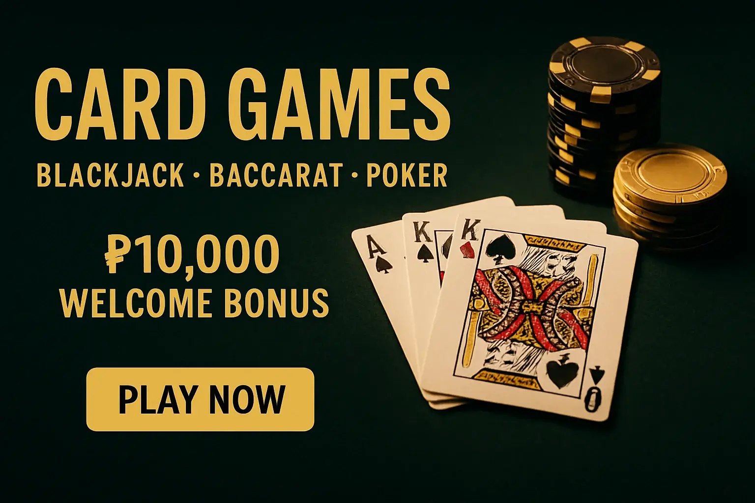 Promotional card games banner with cards, chips, and green velvet table