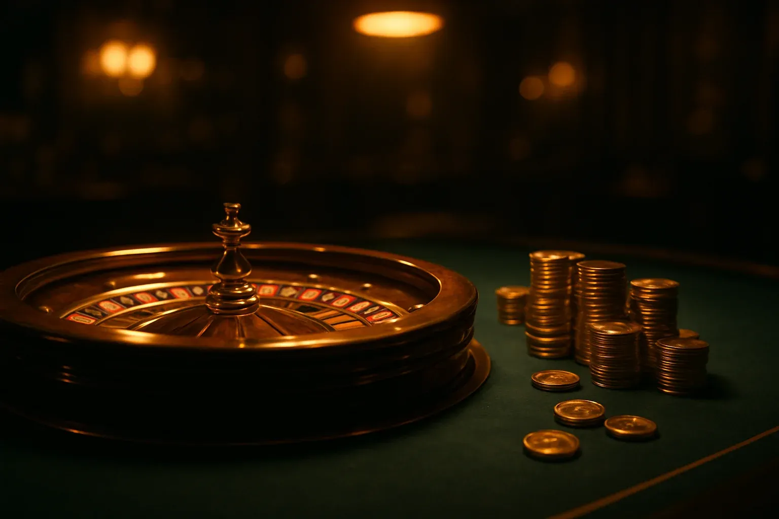 Elegant live casino table with glowing roulette wheel and golden chips