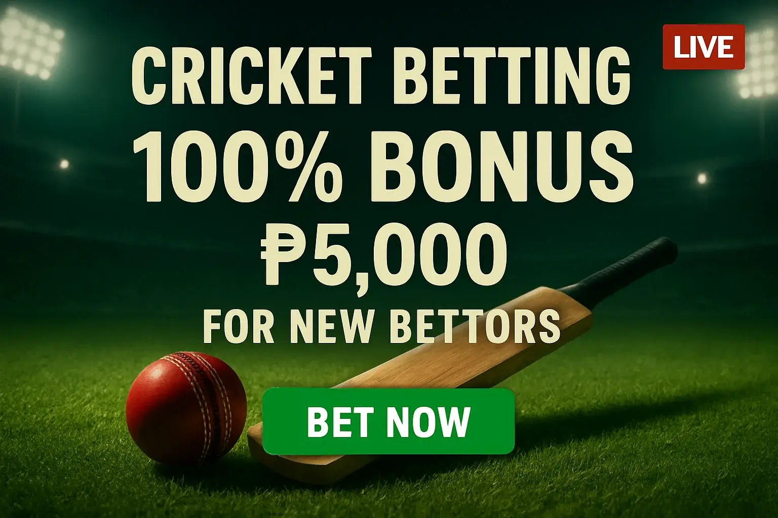 Cricket betting banner with stadium, bat, ball, bonus and Bet Now button