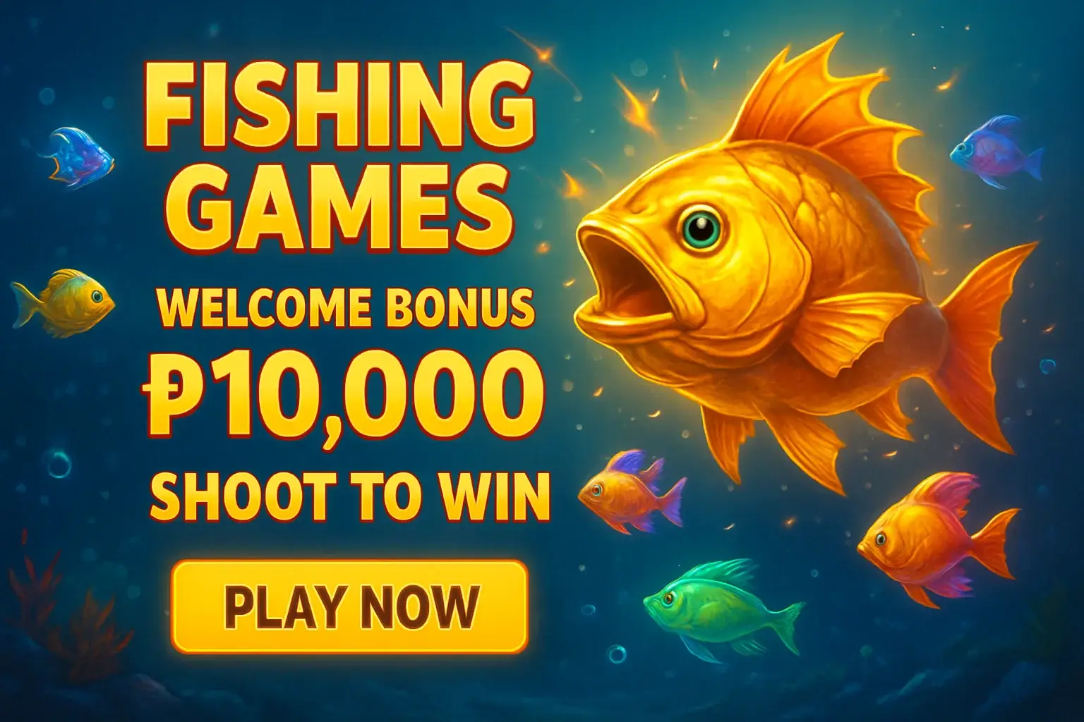 Fishing arcade banner with underwater boss fish, bonus offer, and play button