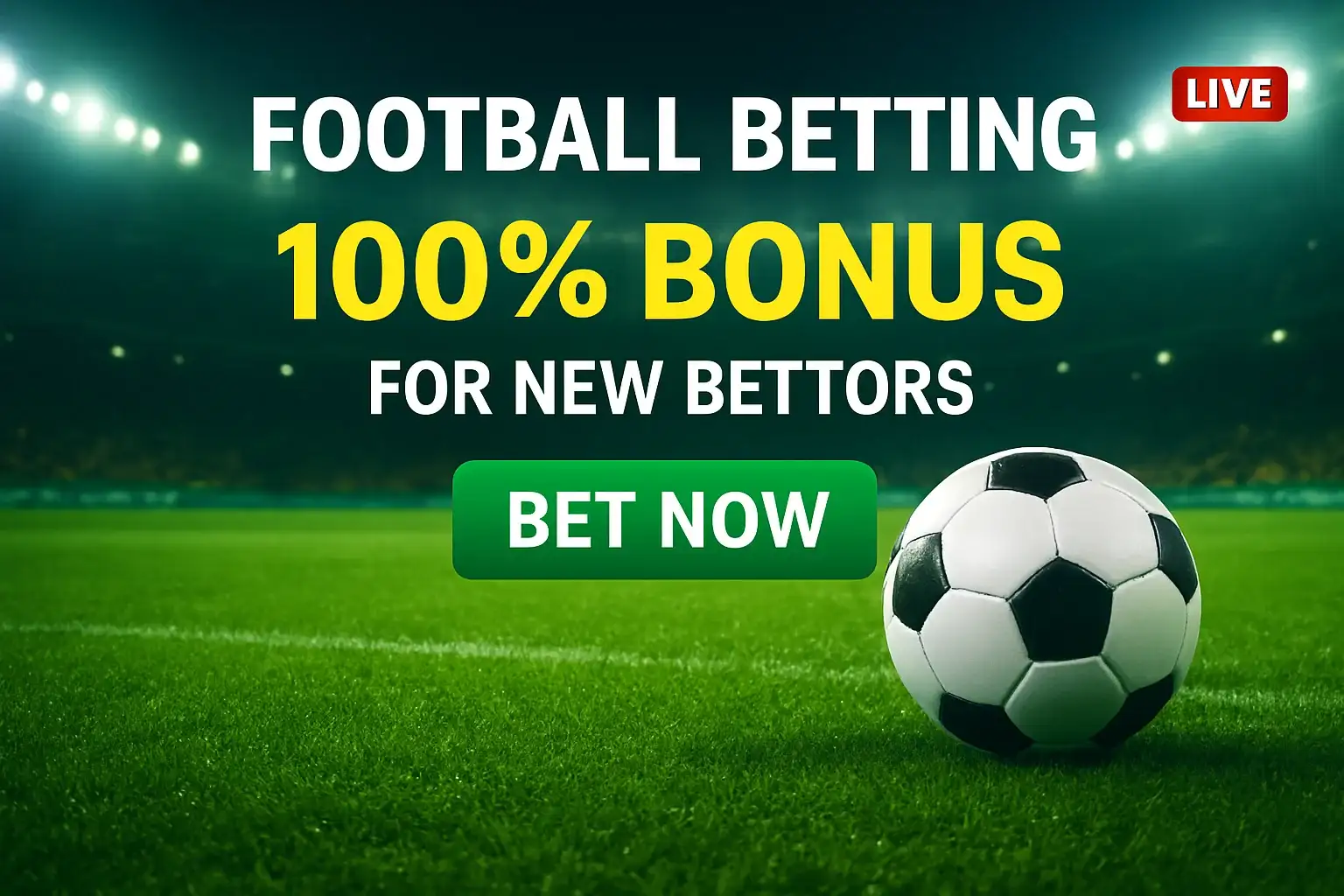 English football betting banner with soccer ball, stadium lights, bonus CTA