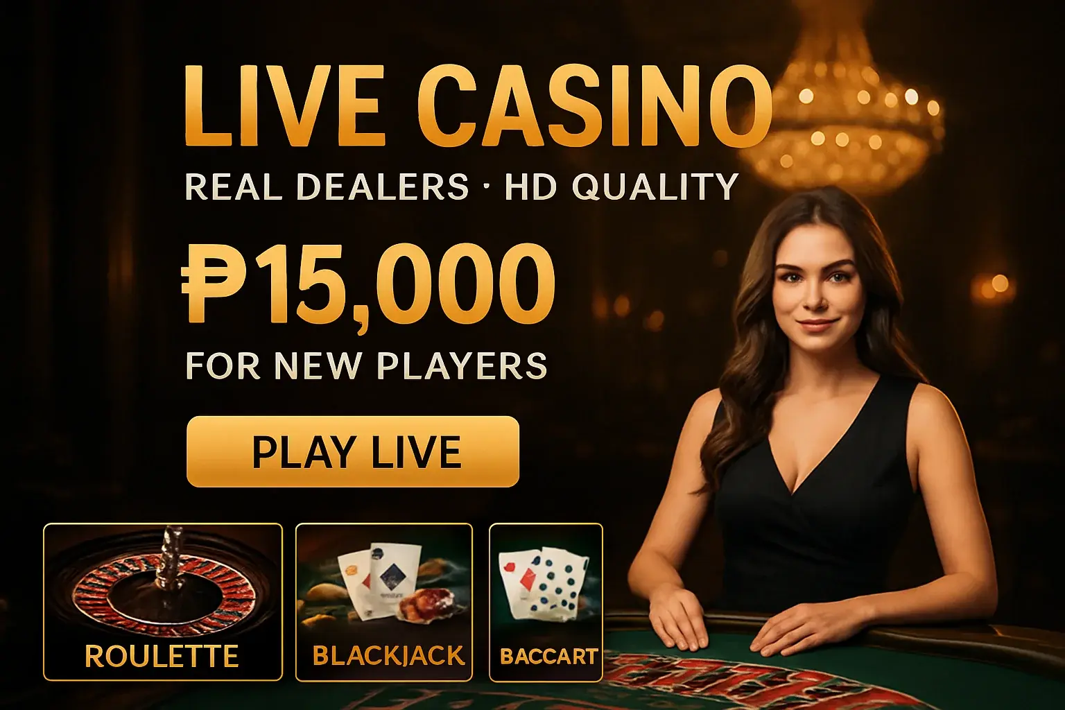 Live casino banner with female dealer, roulette table, and Philippines bonus offer