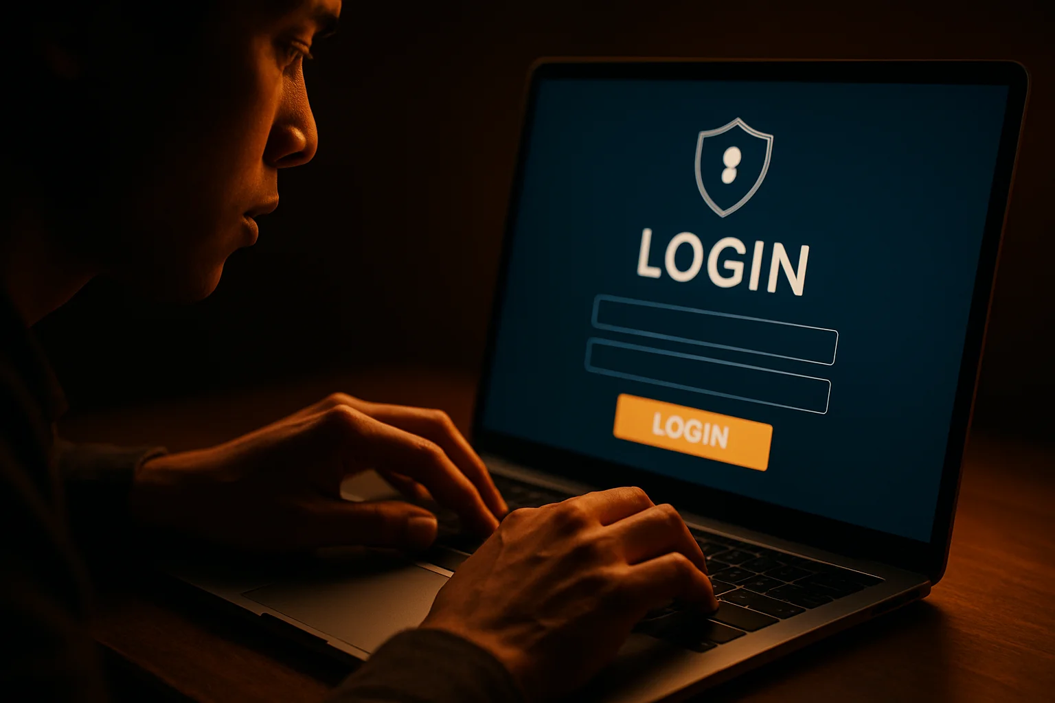 Young Filipino man's hands on laptop showing glowing LOGIN sign-in screen