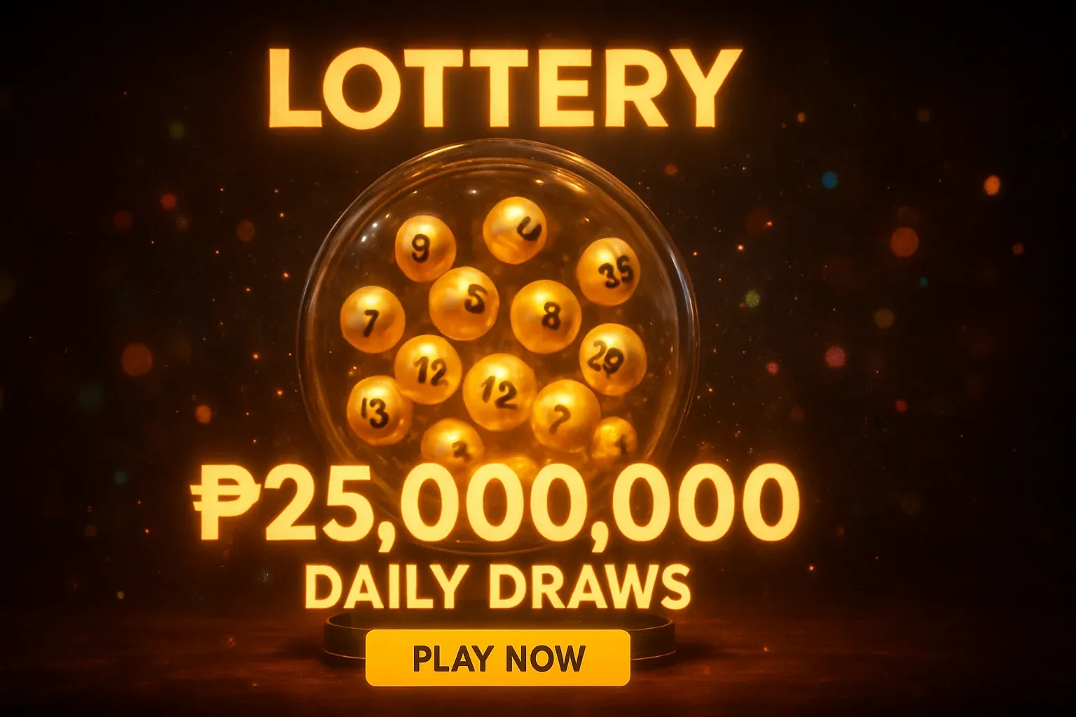 Glowing golden lottery balls in transparent draw machine promotional banner