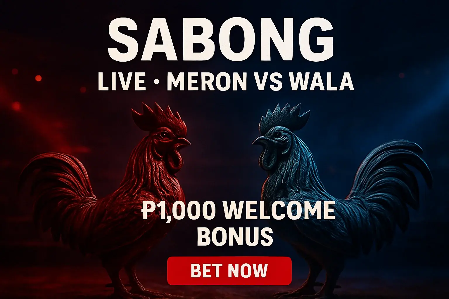Live sabong banner with decorative rooster figurines and arena lighting