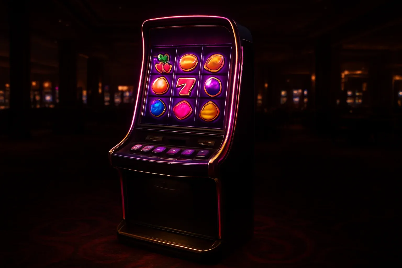 Complete premium slot machine on dark luxury casino floor with three reels